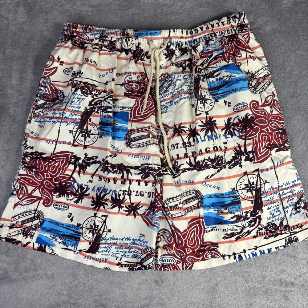 Caribbean Joe Swim Trunks Mens XL Cream Red‎ Tropical Postcard Nautical Board